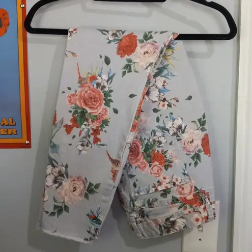 Vintage America Light Blue Floral & Hummingbird Print Boho Skinny Ankle Jeans Size undefined