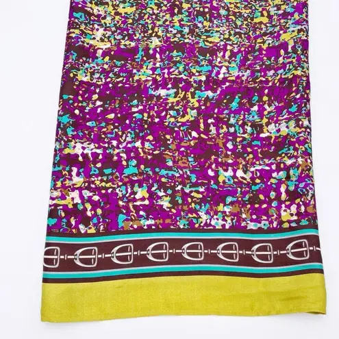Vintage Oversized Silky Satin Square Scarf Equestrian Print Purple Green Speckle