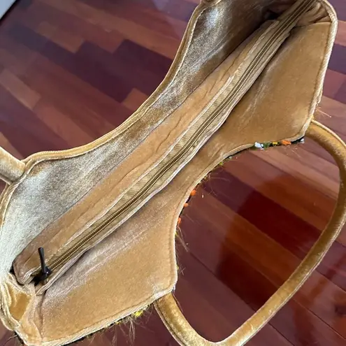 Vintage Velvet Boho Bag Beaded Embellished Crescent Moon Purse ERMO Caramel Tan Orange