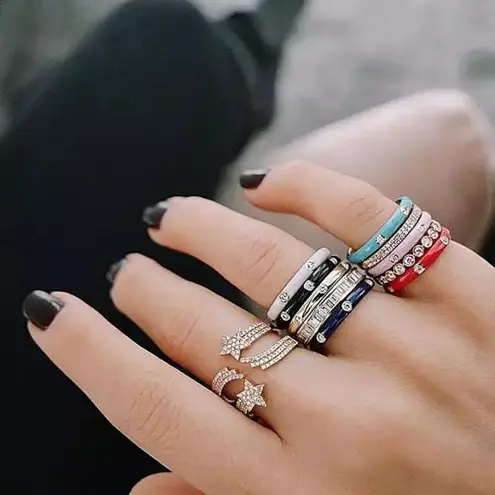 Boutique NEW Unisex White Ceramic Pave Diamond Sterling Silver Band Ring, Size 6