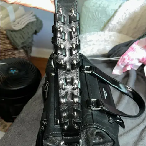 Olivia Harris Black Leather Duffel Bag with Modern Chain