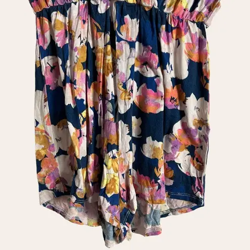 Yumi Kim Navy Blue Floral Print V-Neck Dolman Short Sleeve Romper Size XS