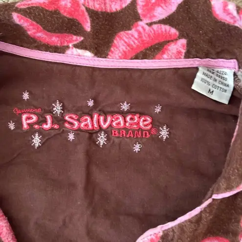 PJ Salvage Flannel 2 Piece Pajama Set Lips Kiss Brown Pink Cotton Size Medium