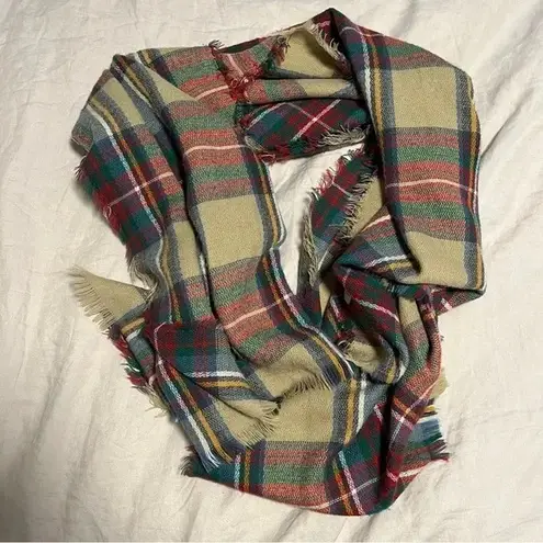 Jackson Rowe Oversized Plaid Blanket Scarf Tartan Beige Red Fall Winter Fringe