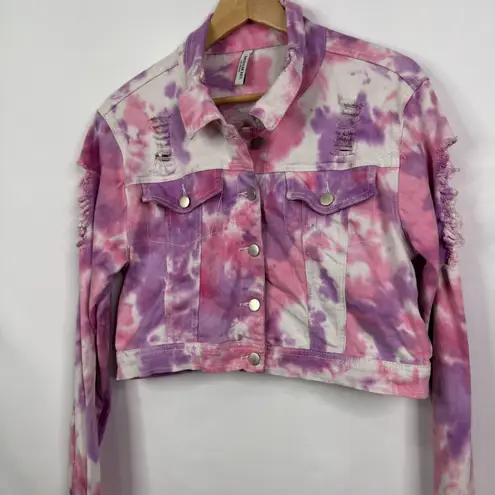American Bazi Tie Dye Denim Jacket Distressed Cropped Pink Purple Size L