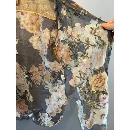 ARATTA Silent Journey For Adriana Fadded Black Floral Sheer Button Down SZ LG‎