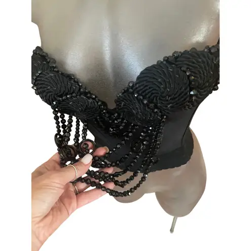 Vintage 70s Black Beaded Bustier UNION MADE Corset Size 34B BURLESQUE SEXY