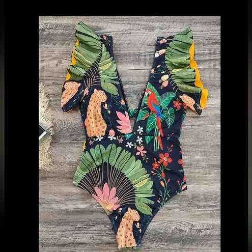 Summer cute safari printed 90's vibe style one piece swimsuit with Self belt tie Green Size M