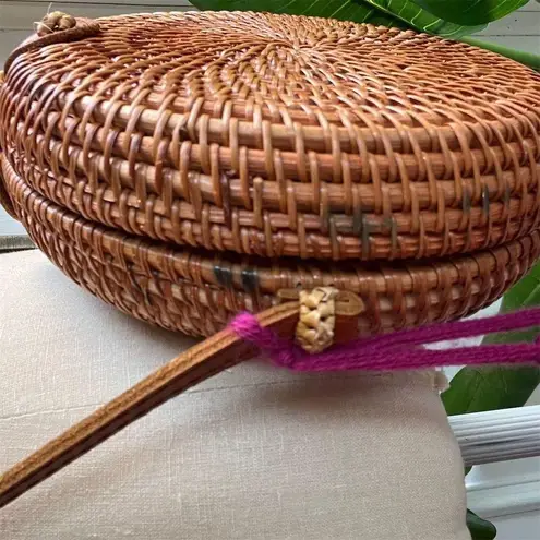 Handmade Rattan Crossbody Bag Floral Lining Leather Strap Boho Summer