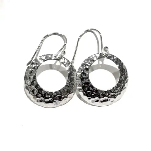 Drop Open Disc Sterling Silver Hammered Finish Circle Earrings