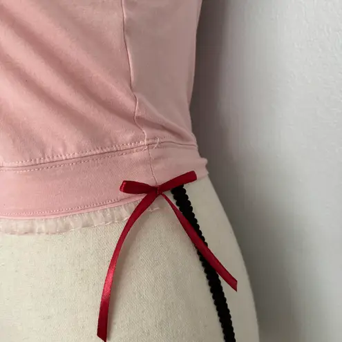 Boutique coquette ruffle trim pink tank with red gingham bow, red rosebud, & side red ribbon bows