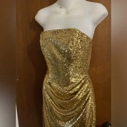 LBV gold strapless sequin asymmetrical gown Size 2