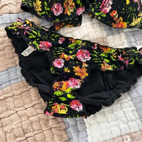 None Vtg black floral tropical colorful bright push up top lettuce trim bikini set