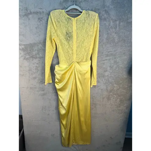 NBD Revolve  Farah Cocktail Dress Medium Yellow Lace Bodysuit Satin Skirt Prom