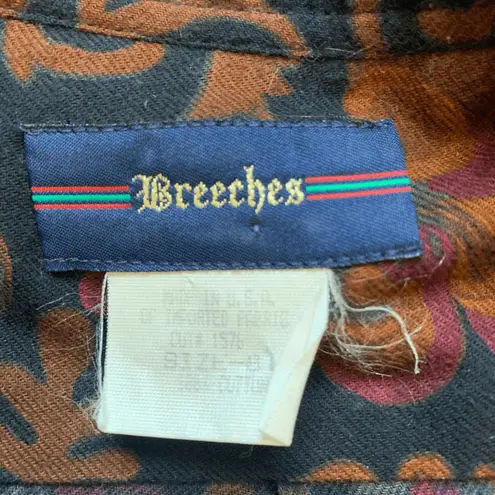Vintage Breeches Shirt Button Front Long Sleeve Black Gold Abstract Leaf Print Size 8