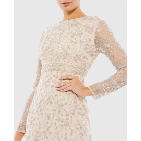 Mac Duggal 10812 Beaded Tea Length Dress Sheer Long Sleeves Womens Size 14 Party