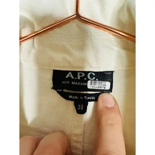 A.P.C. White Cotton Denim Collared Gold Zipper Front Tie Waist Romper Size 38