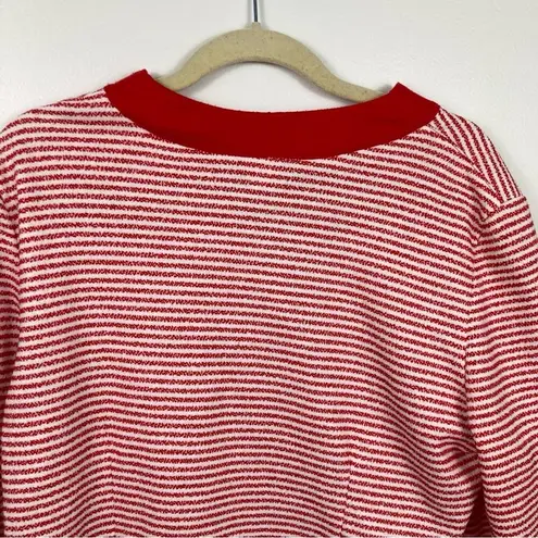 Vintage Womens L Red & White Striped Varsity Cardigan Preppy Nautical Coastal Size L