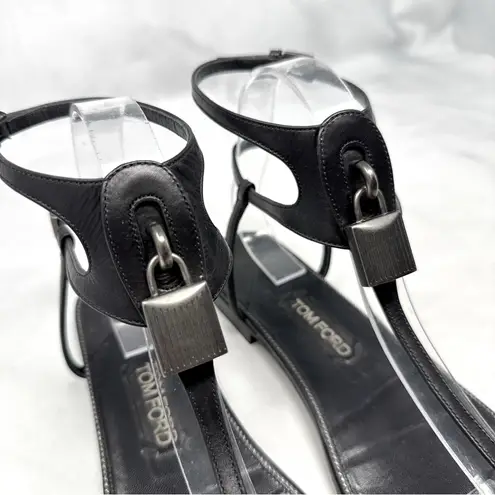 Tom Ford Lock T Strap Strappy Gladiator Flat Sandal Leather Edgy Grunge Black 38