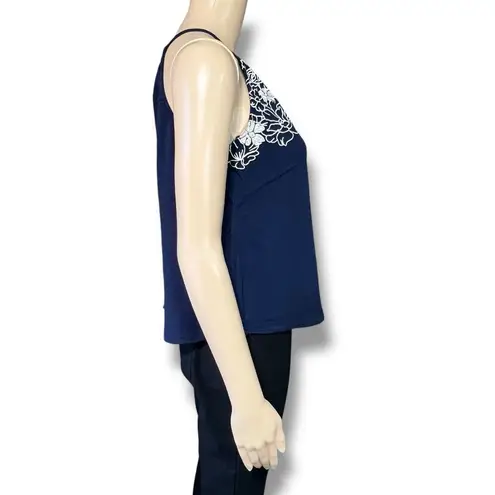 Eyeshadow  Womens Tank Top Embroidered Floral Design Navy Blue White Medium