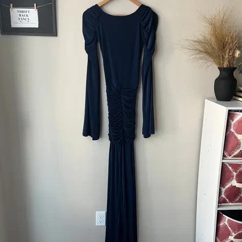 NEW ORIRE Dress Maya‎ Blue Ruched Long Sleeve Draped Maxi Gown Size 0