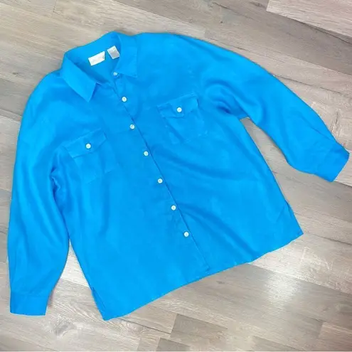 Studio Works  Linen Button Front Shirt Turquoise Large Long Sleeve