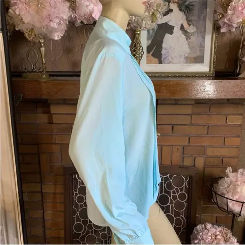 VINTAGE 1990'S TAN JAY SEAFOAM GREEN PLEATED FRONT BLOUSE (10)