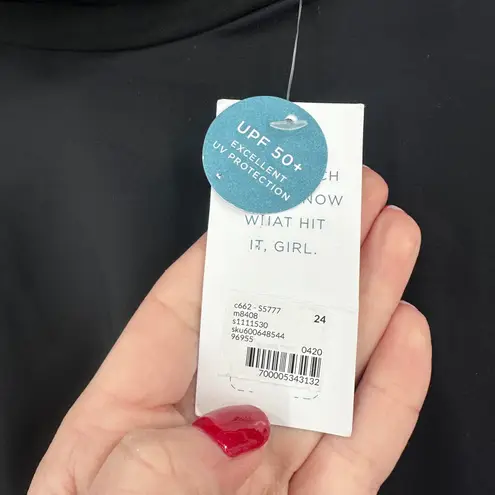 Cacique NWT Swim Black Long Sleeve Rash Guard Tropical Print UPF 50+ Size 24