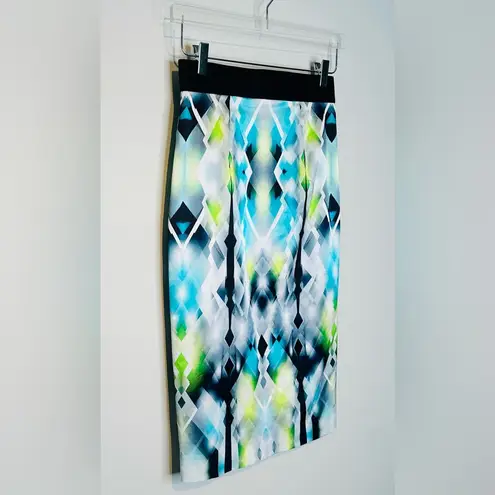 Milly Satin Diamond Stain Glass Blue Green Print Midi Pencil Skirt Size 4