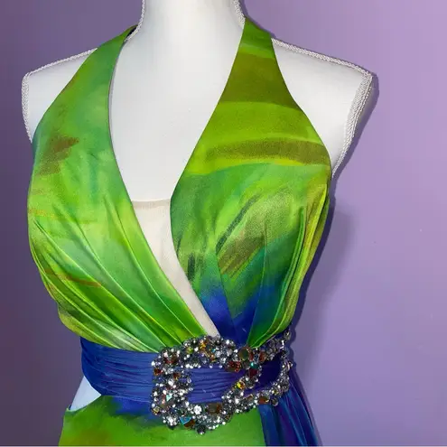 Cassandra Stone Mac Duggal Maxi Prom Dress Women Size 4 Rhinestone Y2K Cutout Green