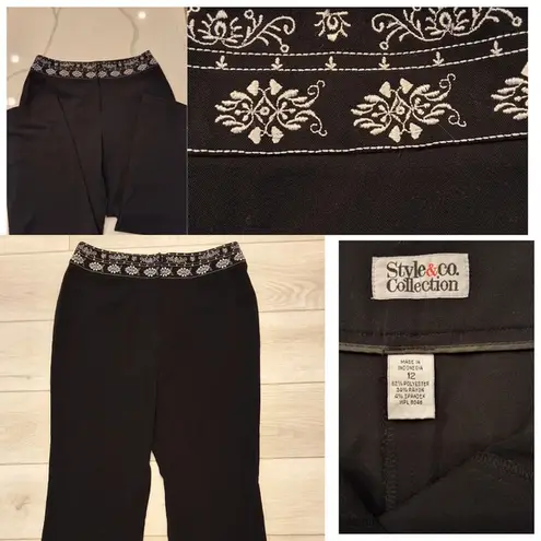 Style & Co. Collection Size 12 White Floral Embroidered Waist Design Black Pants