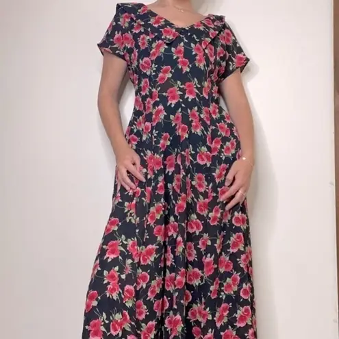 Karin Stevens Vintage 90s Black Rose Print Semi Sheer Midi Dress Size 6