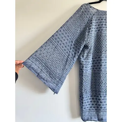 Lavender Brown Blue Eyelet Tunic Dress Large Boho Festival Kimono Sleeve USA