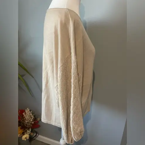 Garnet Hill 100% Merino Wool Pointelle Blouson-Sleeve Sweater neutral beige