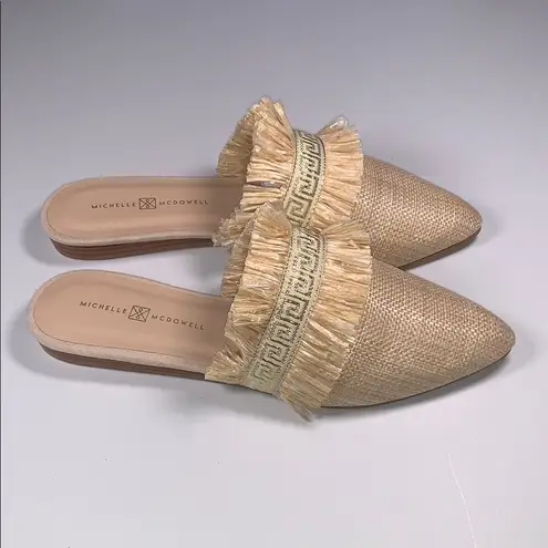 Michelle McDowell Carmen Natural Tan Woven Raffia Gold Mules Slip On Fringe 8