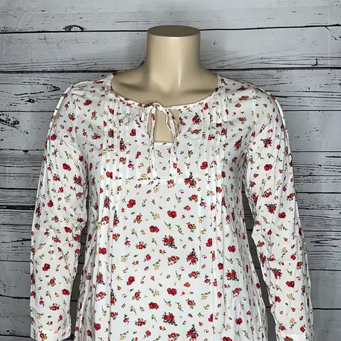 Suzanne Betro SB Size XL White & Red Floral Print Keyhole Peasant Shirt Top