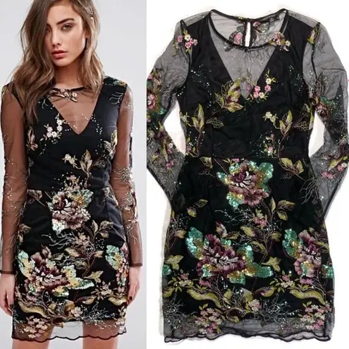 Miss Selfridge Floral Embroidered Sequin Mesh Mini Sheath Cocktail Dress Black 6