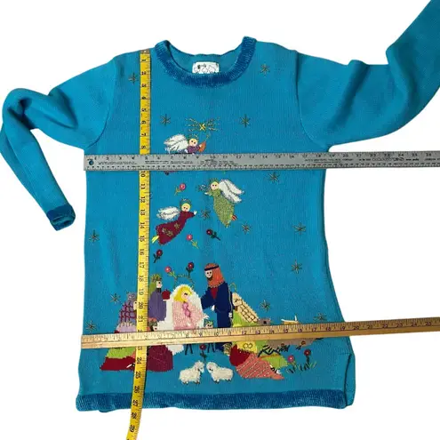 QUACKER FACTORY Blue Sweater Christmas Nativity Scene Angels Size XS 90s VINTAGE