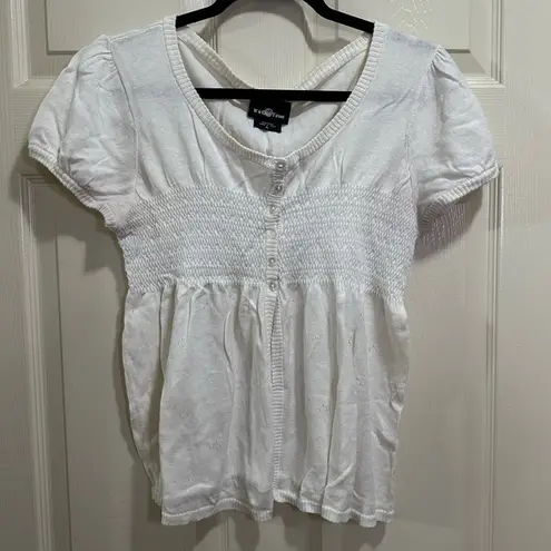 it's our time Y2K Short Sleeve Half Button Blouse Cinched Cap Sleeve White Cardigan Size XL