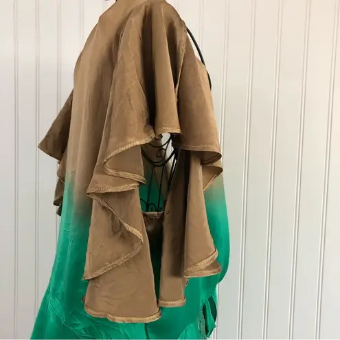 Heart Moon Star Brown and Green Ruffle Sleeve Silk Mai Tie Top Size M