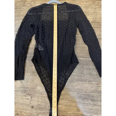 Ganni Women's Size Medium Bodysuit Black Lace Square Back Long Sleeve Lined
