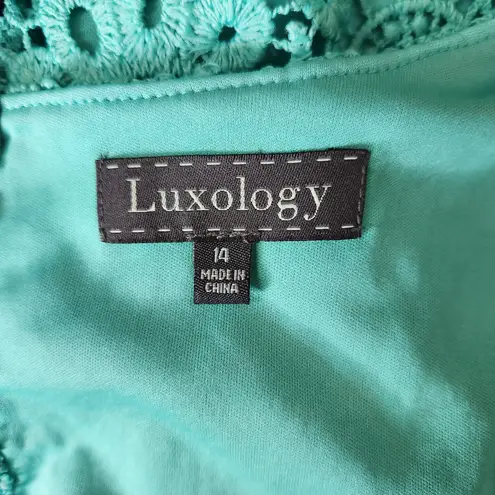 Luxology Womens 14 Blue Teal Crochet Lace Sleeveless Midi Dress Elastic Waist