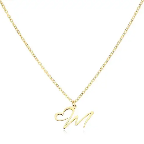 Letter M Cursive Heart Initial Necklace Gold