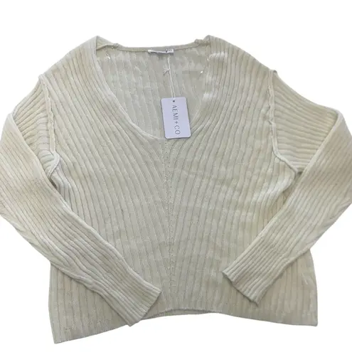 AEMI+CO Sweater Womens Small Cream Ribbed V Neck Pullover Long Sleeve Knit Soft