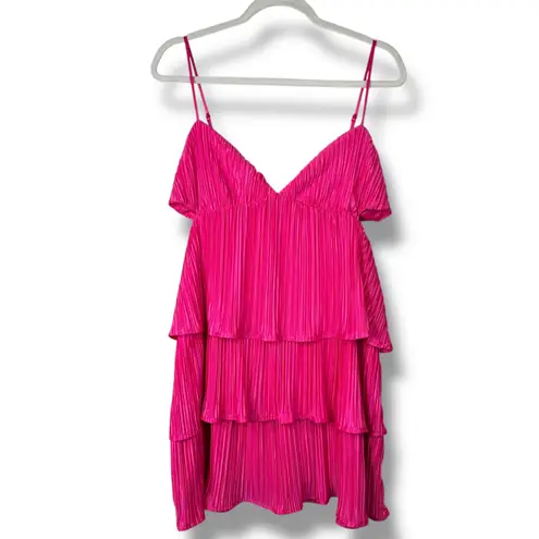 Lulus Sleek Dedication Hot Pink Satin Plisse Pleated Cutout Tiered Mini Dress XL