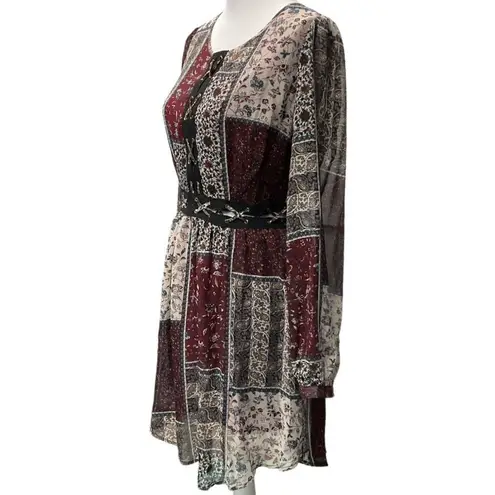 Hommage Women's Patchwork Long Sleeve Mini Dress Size Medium Red Black Tan