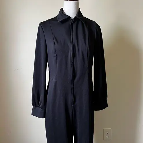 70s Vintage Black Wide Leg Jumpsuit Disco Long Sleeve Zip Front Union Made USA Size L