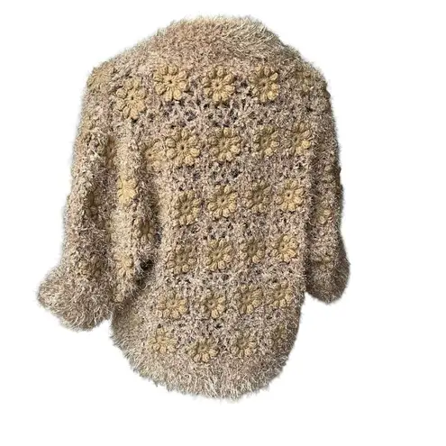 Talk Of The Walk Chunky Knit Crochet Inset Open Front Sweater Cardigan, Sz M Gold Size M