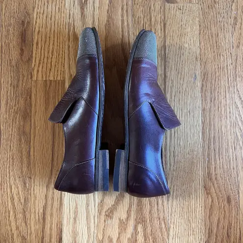 Brunello Cucinelli Metallic Cap Toe Leather Flats Burgundy Slip-On Loafers 36