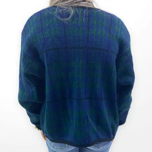 90s TALLY HO Green and Blue Plaid Gold Button Accent Button Up Cardigan Size L